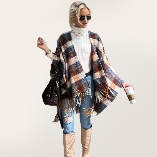 Poncho châle à carreaux chocolat