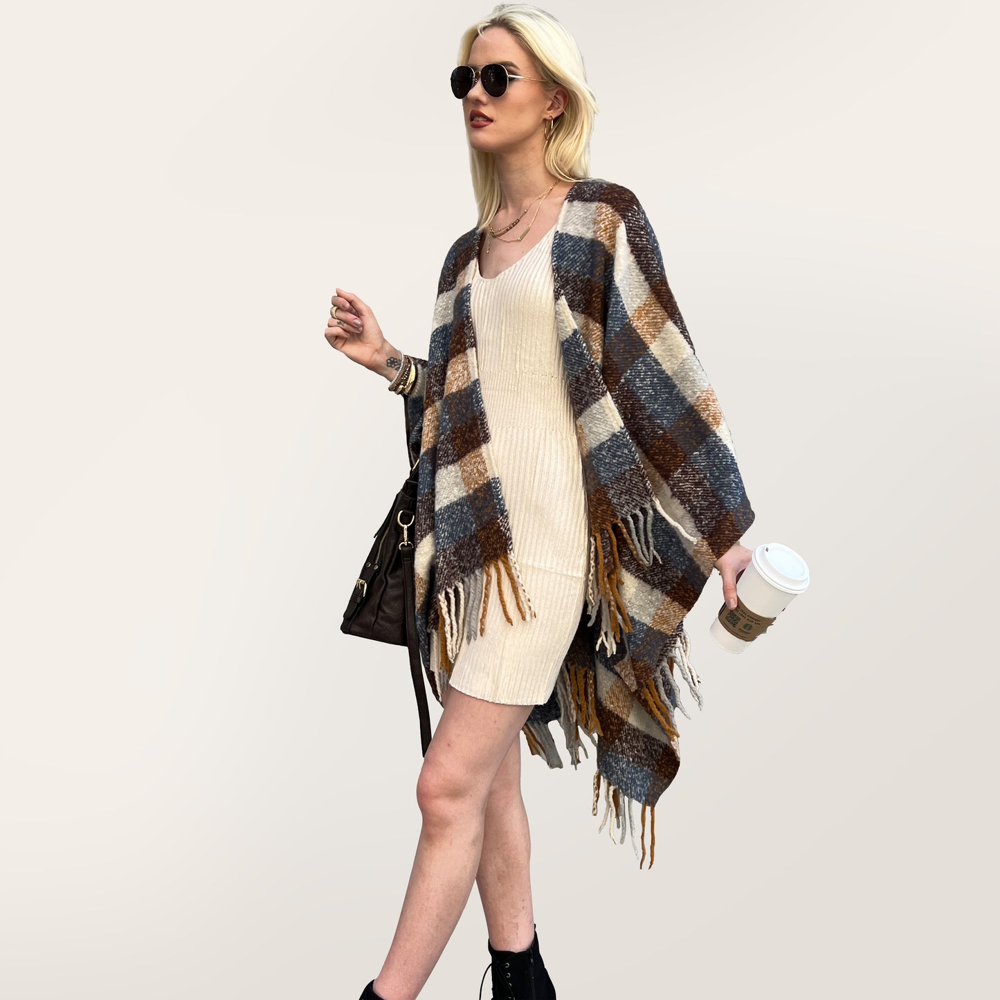 Shawl Wrap Poncho - Choco Check