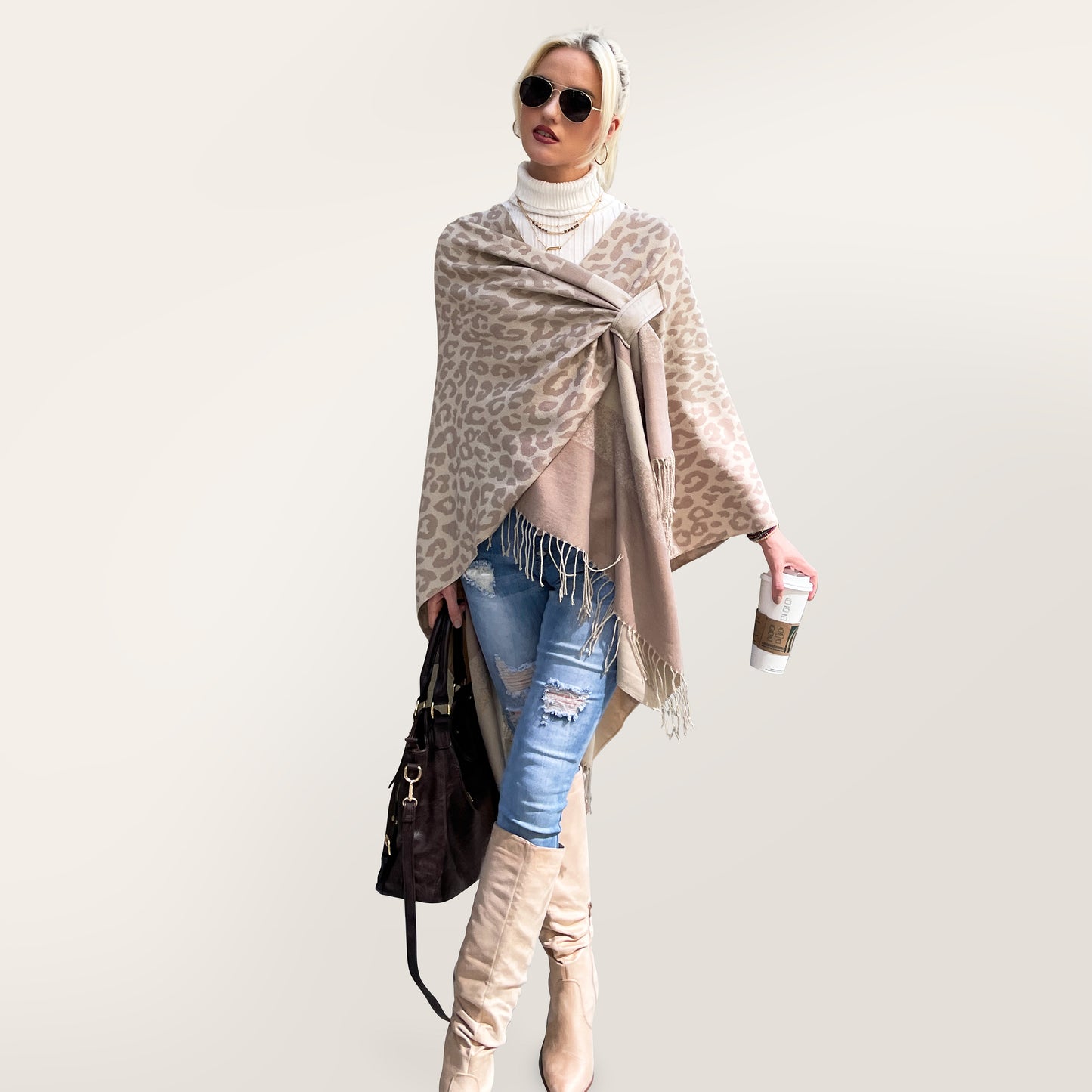 Shawl Wrap Poncho - Ivory Leopard
