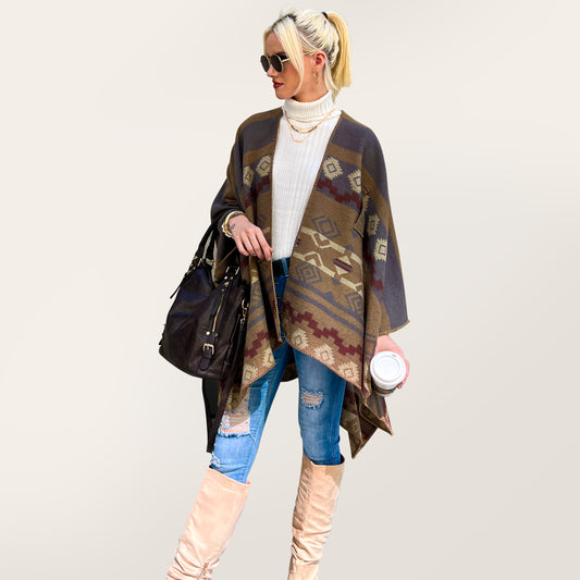 Poncho châle - Kaki Gris Aztèque