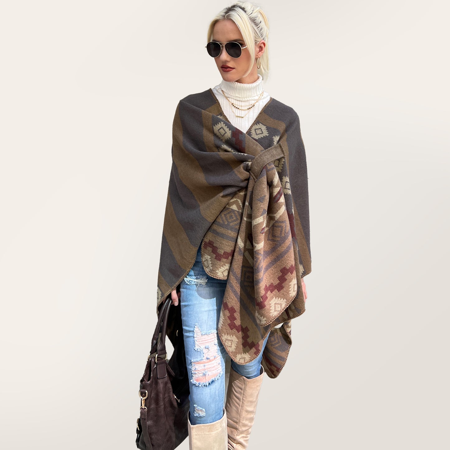 Shawl Wrap Poncho - Khaki Grey Aztec