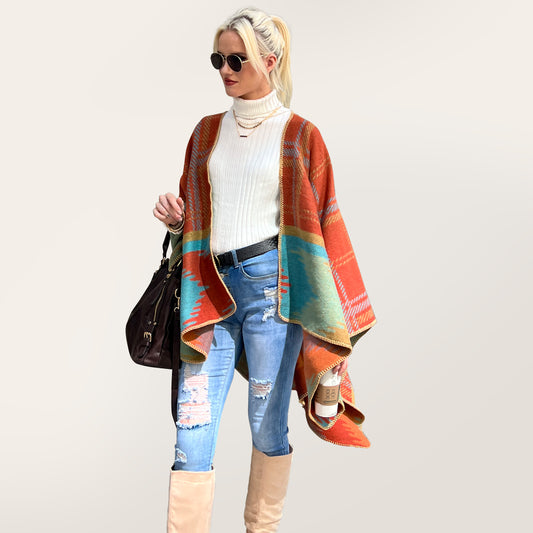 Poncho châle - Motif aztèque orange et menthe