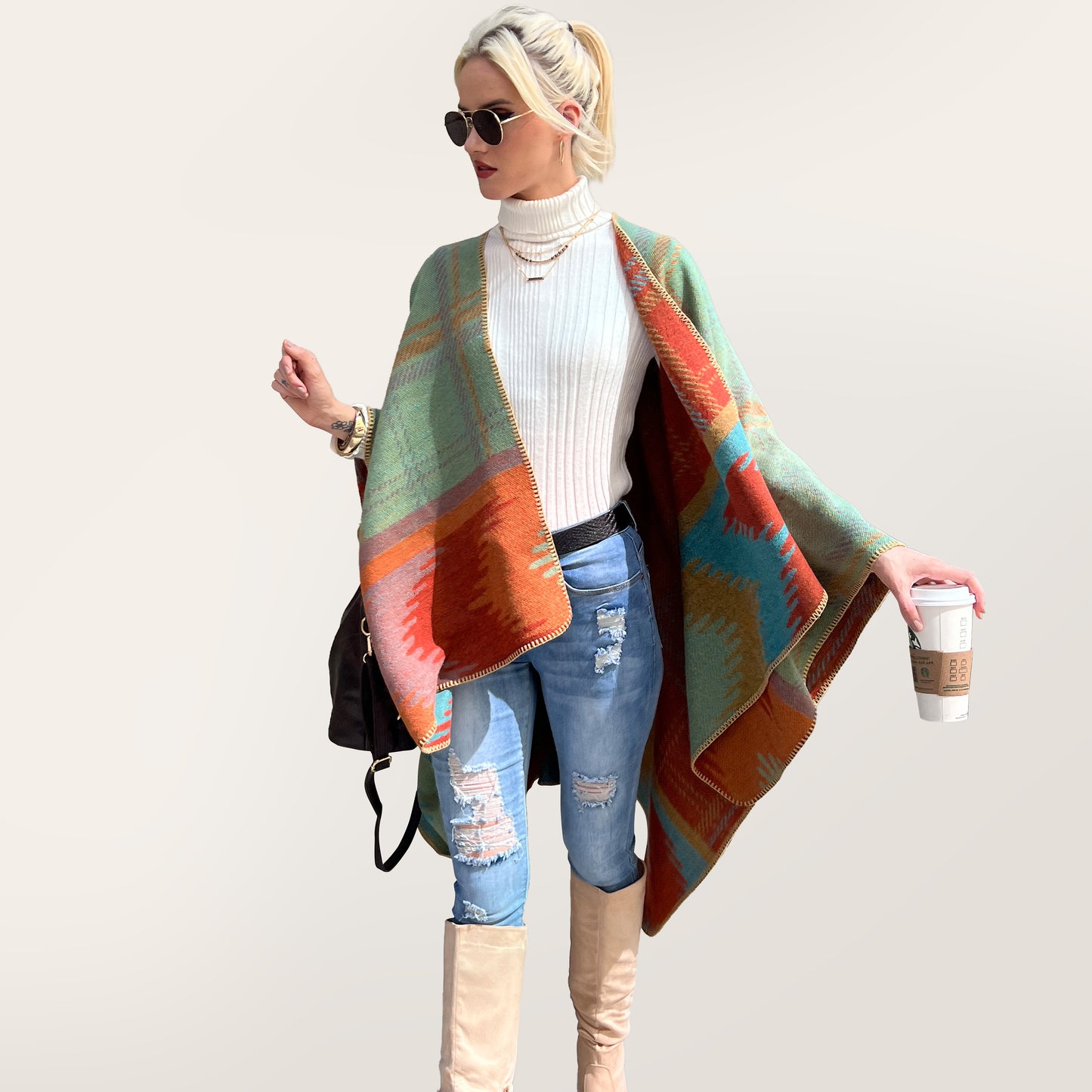 Shawl Wrap Poncho - Orange Mint Aztec