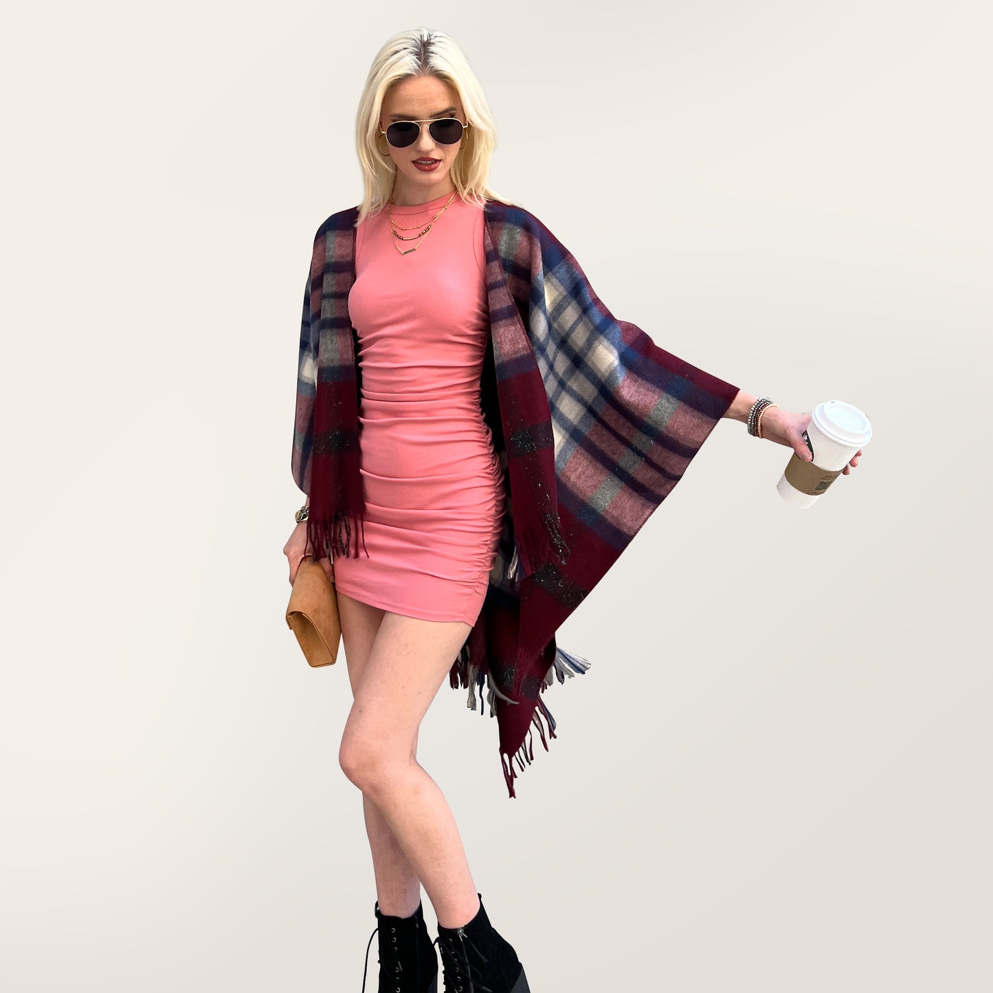 Shawl Wrap Poncho - Wine Plaid