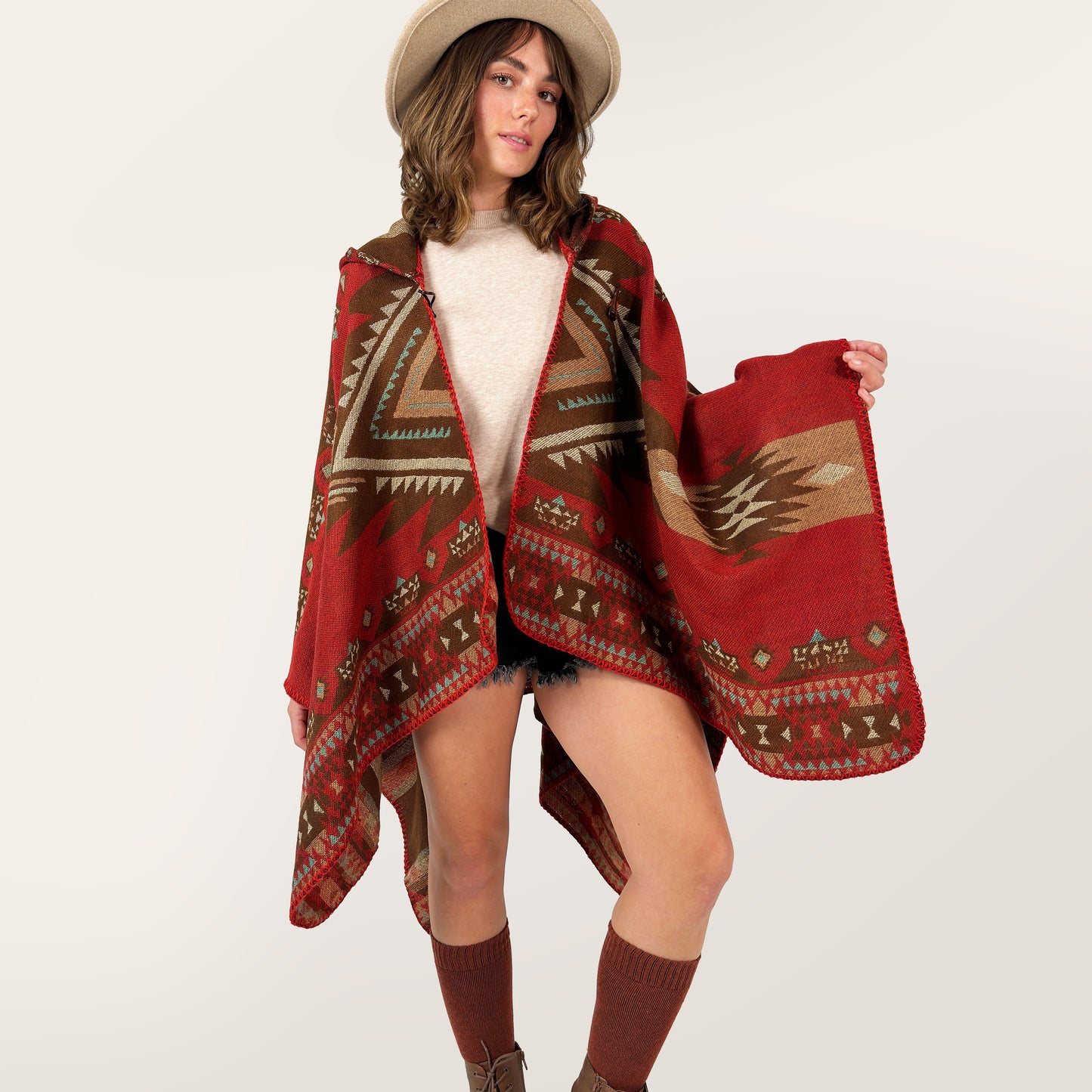Western Aztec Shawl Wrap Poncho - Red